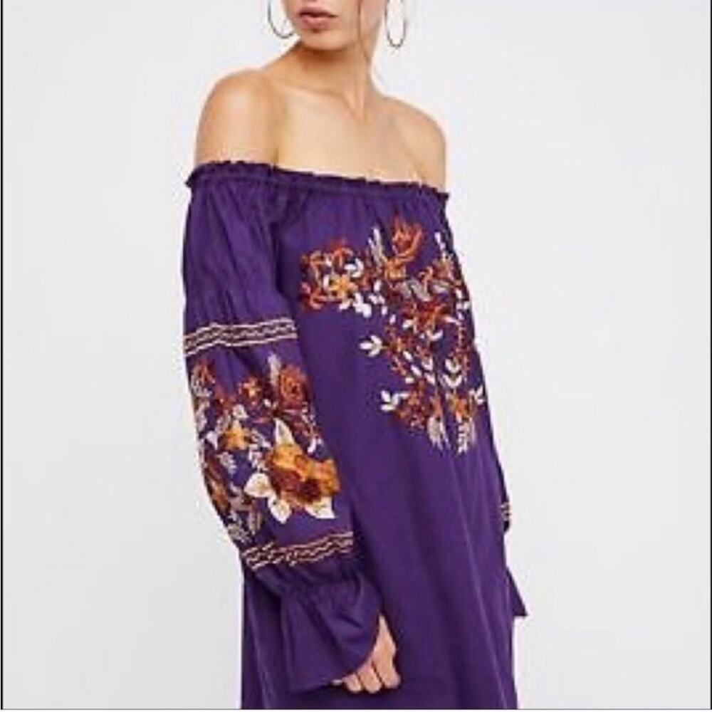 Free people purple fluer du jour embroidered mini shift cotton dress size lg